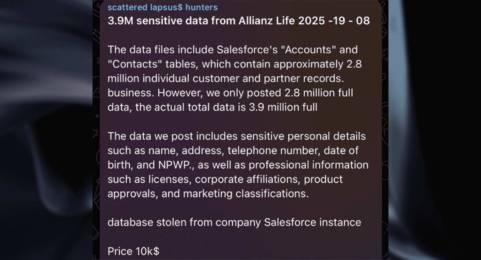 Allianz Life database stolen from Salesforce offered on Telegram. (Source: Telegram)