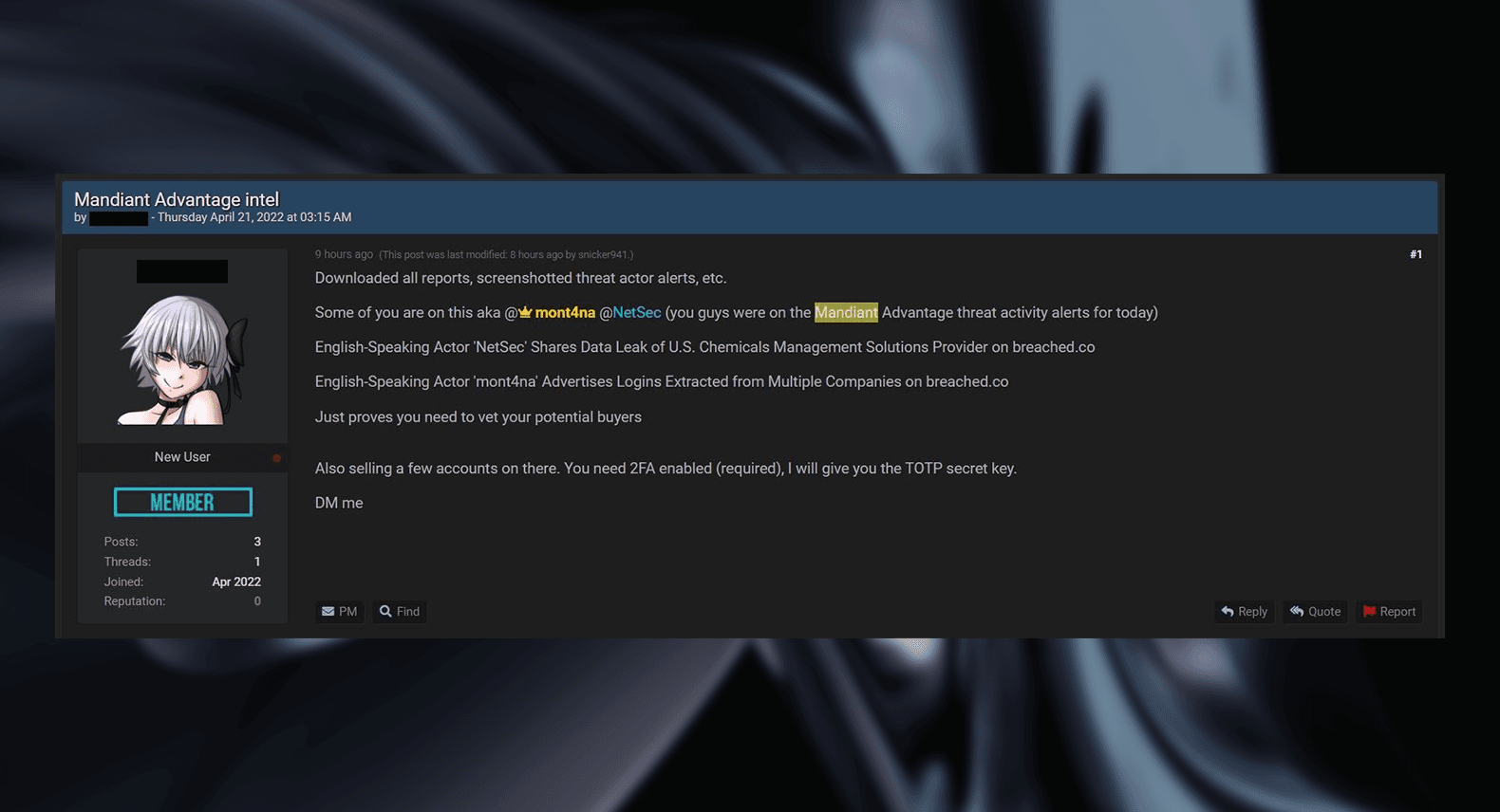 Figure 4: Access to Mandiant Advantage offered on BreachForums.