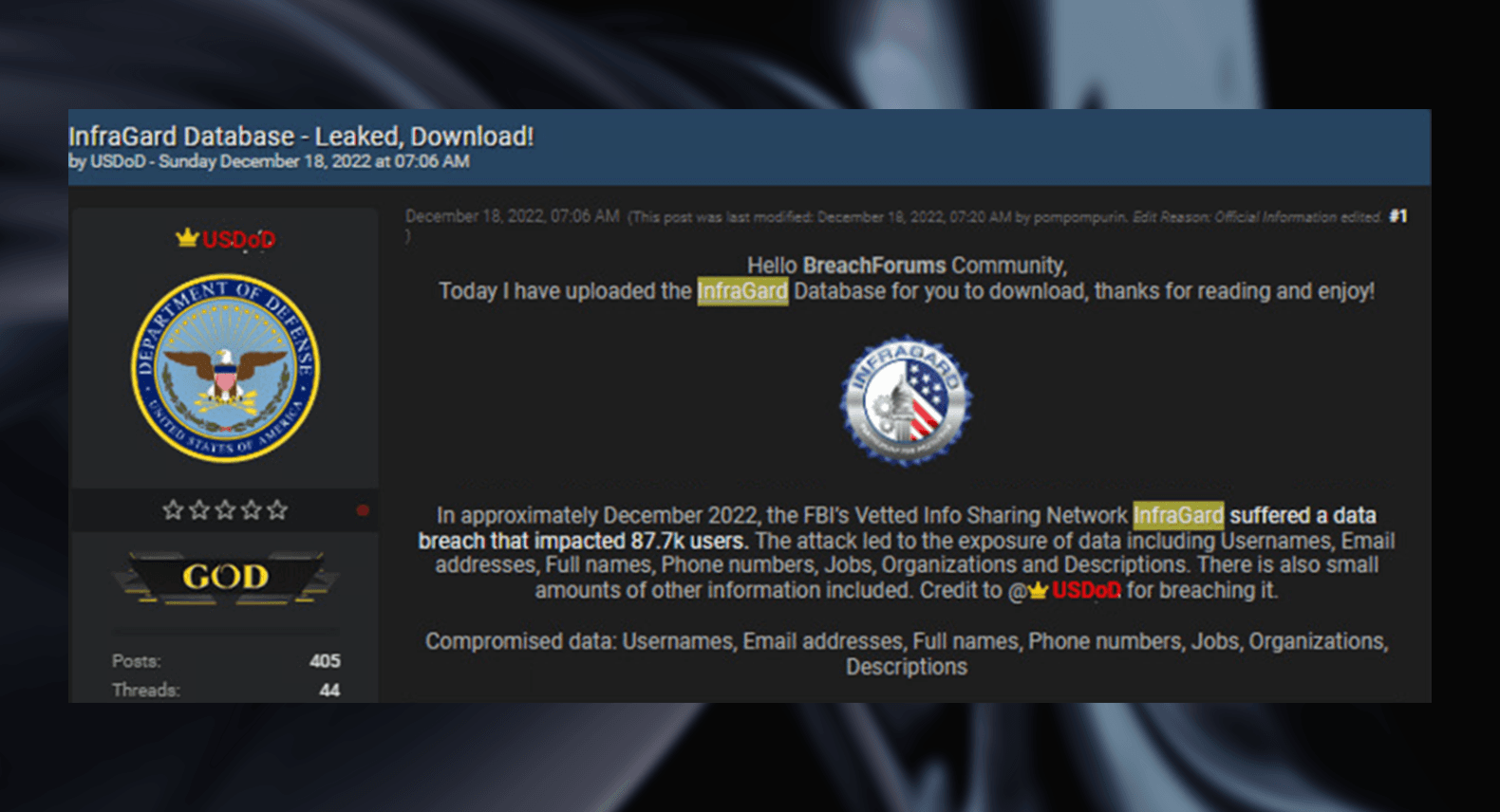 Figure 1: USDoD offering access to InfraGard.