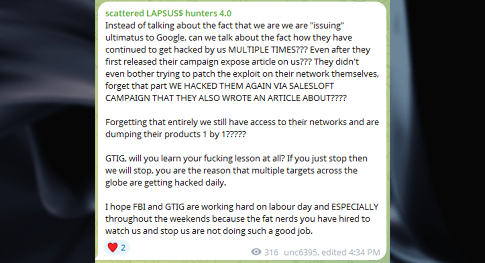Cybercriminals on Telegram claim responsibility for the Salesloft breach. (Source: KrebsOnSecurity)
