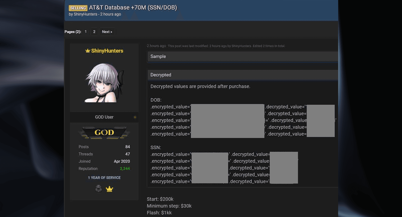 User “ShinyHunters” offering the AT&T database stolen from Snowflake instance. (Source: BreachForums)