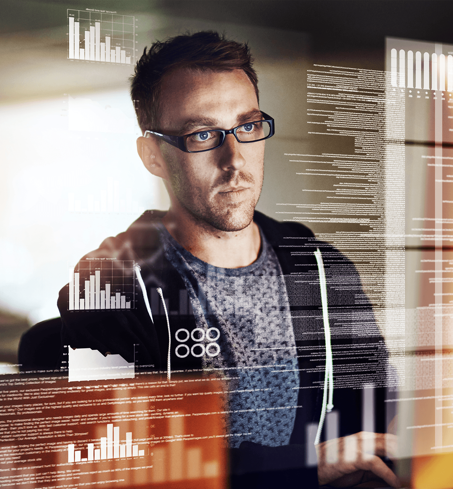 Man With Glasses with Text and Graphs Overlaid on His Body